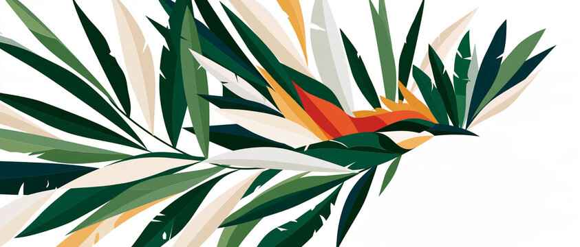 Tropical composition with exotic green leaves and a colorful bird of paradise flower