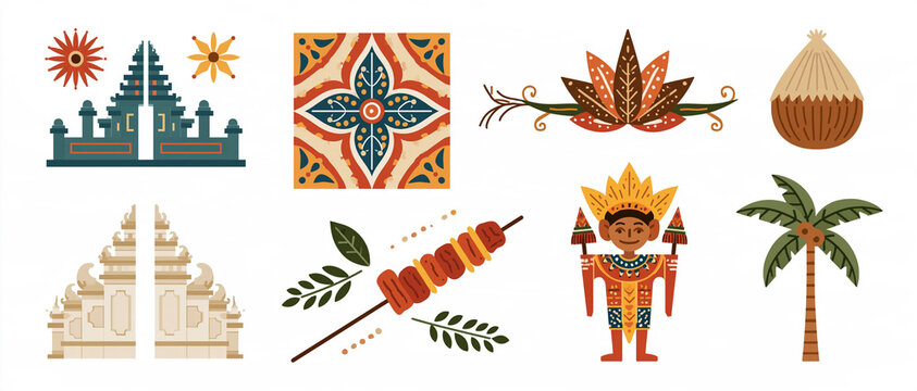 Traditional Bali cultural symbols, temples, food, and artifacts arranged in a set
