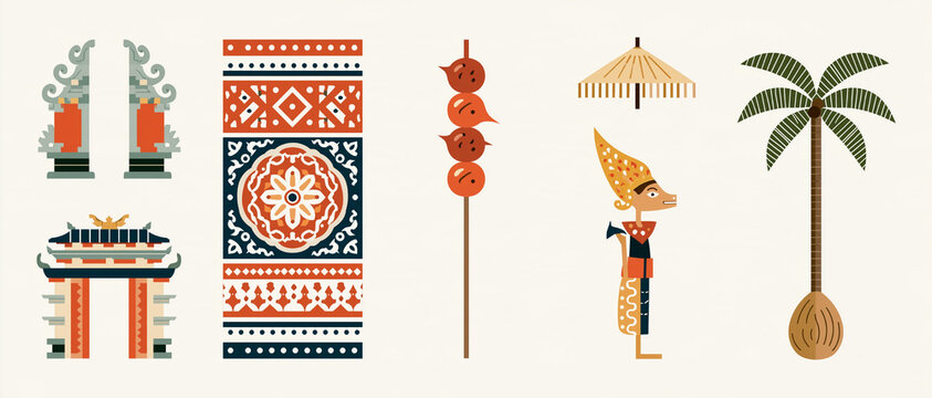 Balinese heritage banner featuring traditional ornaments, figures, and tropical elements