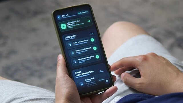 Mobile wellness coach shows completed daily goals, reflecting the rise of habit tracking, mindful routines and personalized health support in everyday digital life.