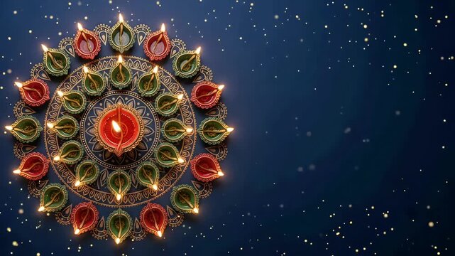 Concentric rings of glowing diyas and intricate rangoli anchor an elaborate left-side pattern, offsetting a vast deep blue copy space in this 3D animated Diwali video background
