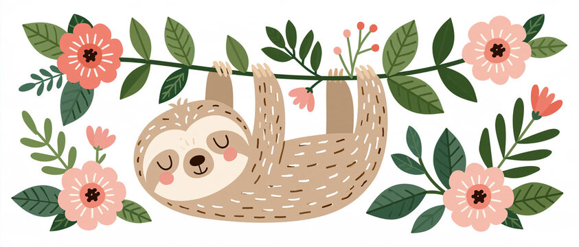 Cute sleeping sloth hanging on a branch surrounded by pink flowers and leaves