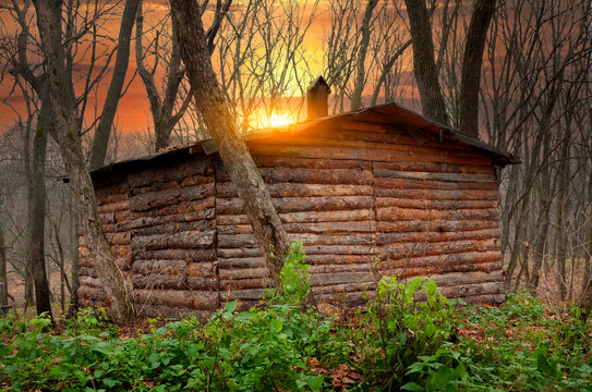 Rustic wooden log cabin nestled in a dense forest during a vibrant golden hour sunset glow