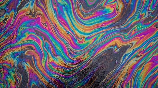 Swirling iridescent oil slick pattern showcasing vibrant rainbow colors reflecting brilliant light patterns