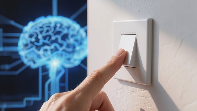 Hand pressing light switch with digital brain hologram, AI, technology, power