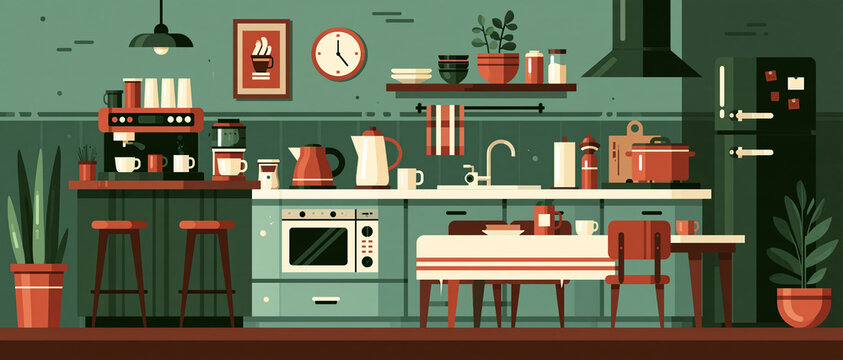 Modern kitchen interior design illustration with green cabinets, countertops, and dining table