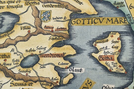 Detail from antique historical map of Scandinavia Norbegia & Gottia with Sweden and Gotland, by Lorenz Fries, Claudius Clavus and Martin Waldseem&uuml;ller, old coloured woodcut, Strasbourg 1541