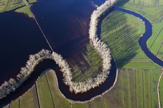 River course of the Schwinge at flood, aerial photo,Stade, Lower Saxony, Germany