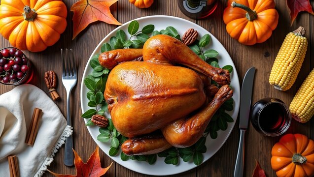 Roasted turkey with festive autumn Thanksgiving decorations