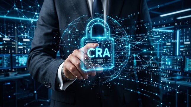 Businessman holding CRA padlock hologram, Cyber Resilience Act, cybersecurity