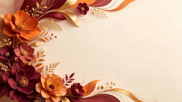 Elegant botanical floral frame, terracotta orange deep burgundy autumn flowers, shining polished gold flowing waves, gorgeous accents, gilded foliage branches, copy space, plain cream ivory background