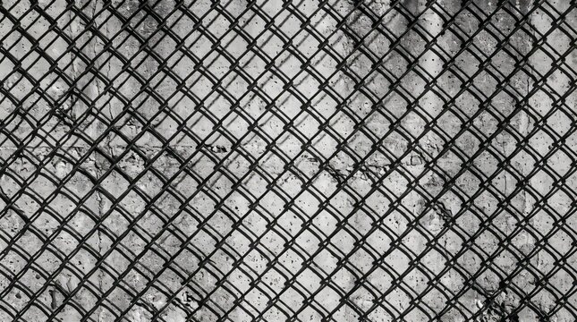 Interlaced metallic wire mesh pattern casting dark diagonal shadows onto rough concrete wall texture