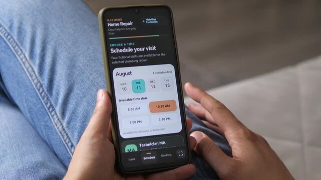User books a home repair visit on a smartphone, selecting a plumbing issue, appointment time and technician through a digital household maintenance service.