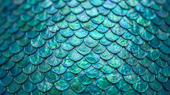 Iridescent turquoise fish scales featuring shimmering metallic textures and bright lighting in macro photography
