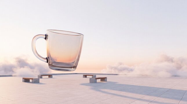 Giant glass coffee mug floating above a concrete rooftop terrace 
