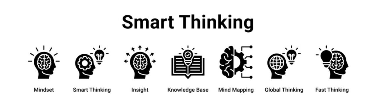 Smart Thinking web banner icon vector illustration concept for business with icon of Mindset, Smart Thinking, Insight, Knowledge Base, Mind Mapping, Global Thinking.