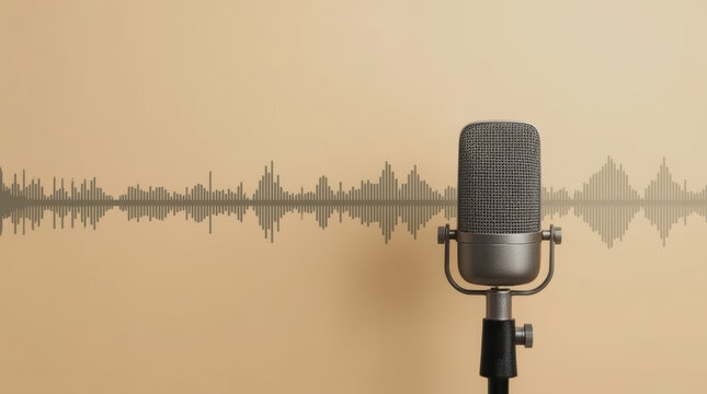 Vintage microphone with audio waveform for voice recording concept