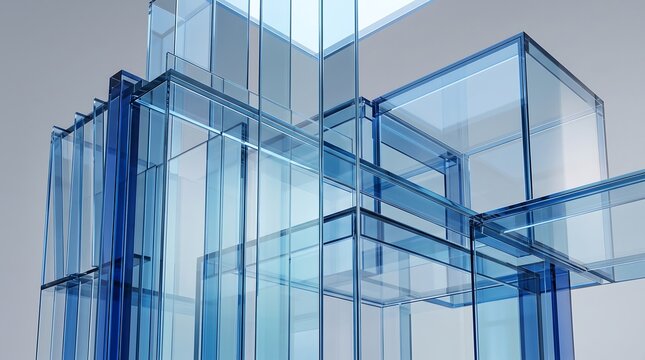 Abstract composition of transparent blue glass cubes and rectangular prisms
