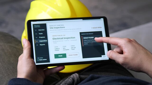 Construction professional reviews an electrical inspection issue on a tablet, highlighting digital quality control, compliance checks and corrective action on a modern building project.