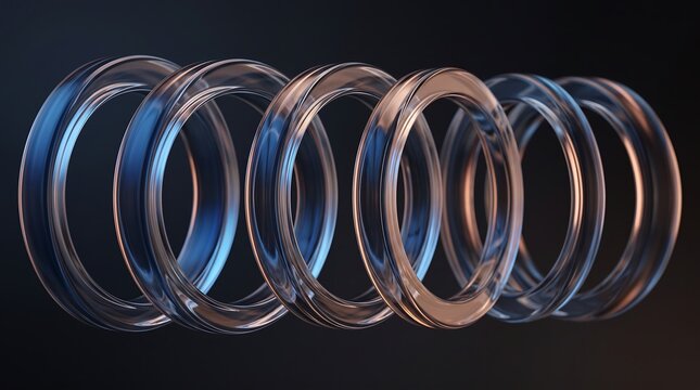Abstract transparent glass rings arranged in a row with blue and orange lighting
