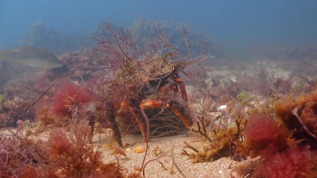 Underwater shot of a camouflaged Spider Crab on the sea bed