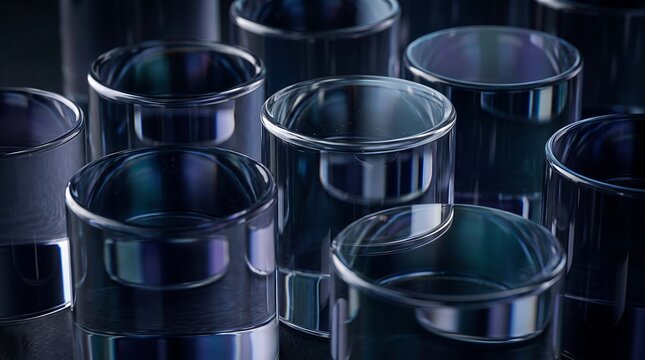 Group of empty clear glass tumblers arranged on a dark reflective surface