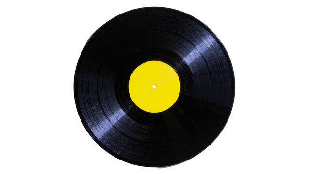 Black vinyl record with yellow label, isolated on transparent background