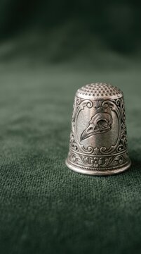 Shallow focus ornate metal thimble with owl design on green fabric background photography