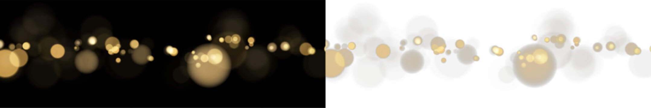 Golden bokeh light vector effect on dark and transparent background. Festive glowing blur lights border overlay for Christmas and holiday design