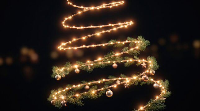 Christmas tree branch with glowing string light and ornament against dark background creating festive holiday warmth.