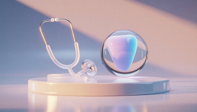 Stethoscope and diagnostic lens on pedestal, symbolizing medical diagnosis, clinical examination and healthcare assessment.