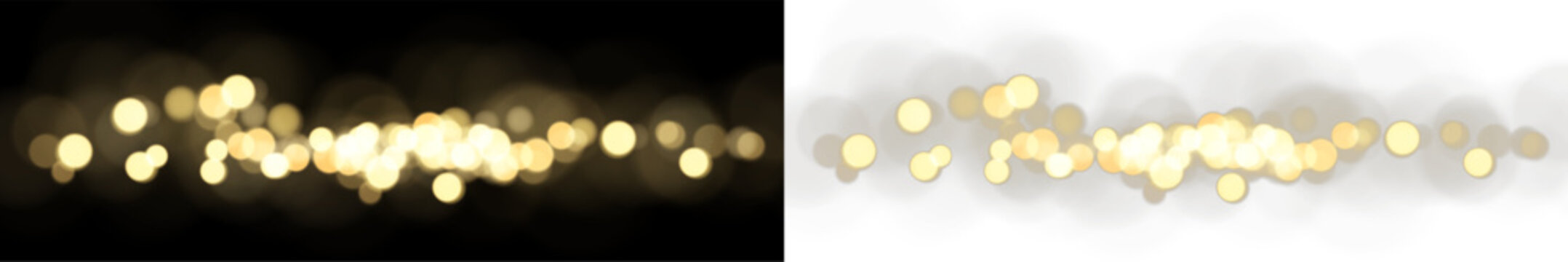 Wavy golden bokeh lights vector border. Glowing defocused sparkle particles banner overlay. Abstract festive illumination design element