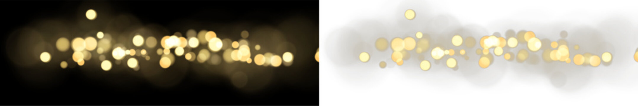 Golden bokeh vector light effect border. Horizontal glowing particles and blurred sparkles on transparent background. Festive banner element