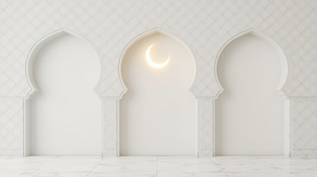 Minimal Islamic inspired wall with glowing crescent niche and white marble floor