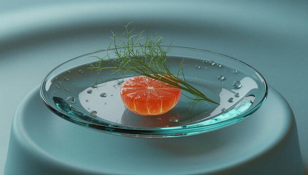 Minimalist glass dish with salmon fillet and herb on teal background, symbolizing clean eating, freshness, and healthy protein.