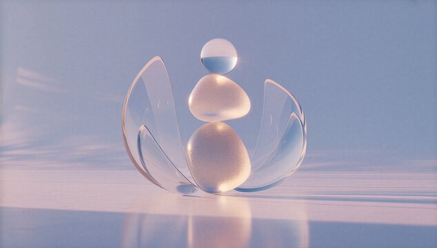 Minimalist spa scene with balanced stone and glass form, symbolizing holistic healing, inner harmony, energy flow, and calm.