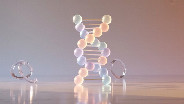 3d dna double helix model with spheres on reflective surface, symbolizing molecular biology, gene structure and genetic research.