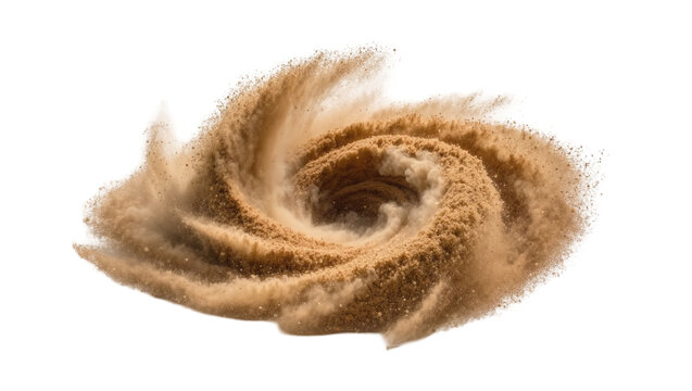 Swirling vortex of fine brown sand particles, isolated on transparent background