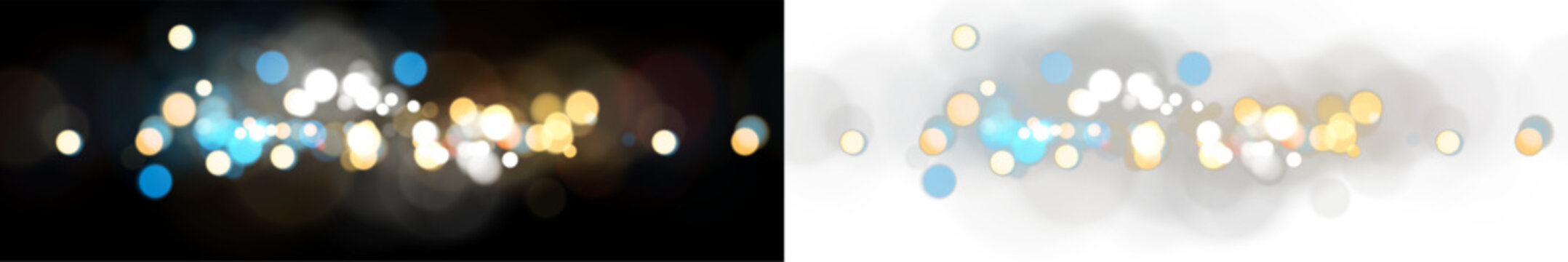 Bokeh lights vector overlay effect with glowing gold and blue circles. Horizontal festive sparkle banner element. Defocused abstract light