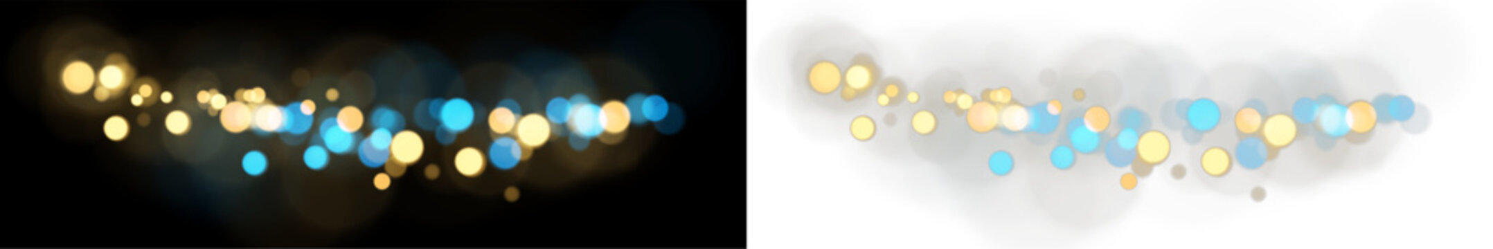 Glowing golden and blue bokeh lights vector background. Abstract blurred glitter particles overlay banner. Festive holiday lighting element
