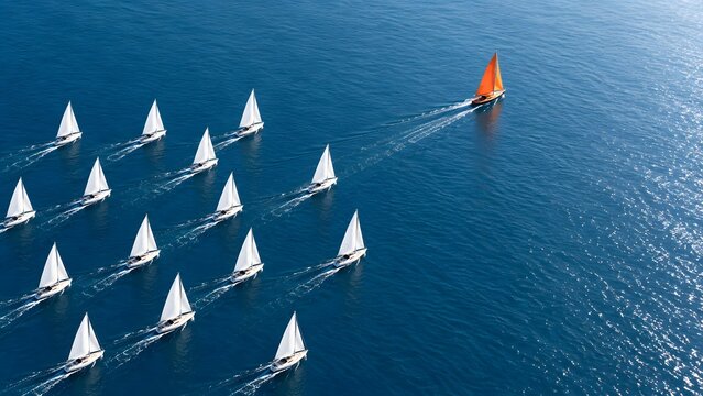 Aerial view of an orange sailboat breaking away from a large fleet of white yachts representing leadership and unique business strategy
