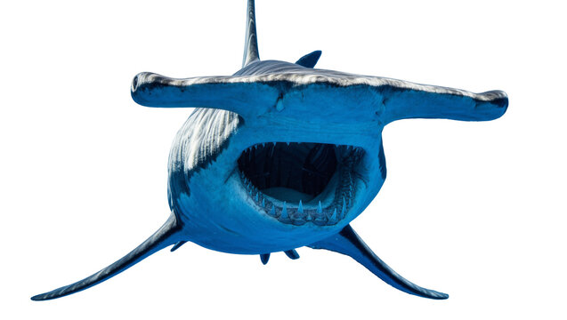 Great hammerhead shark with open mouth and sharp teeth, isolated on transparent background