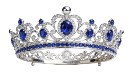 Ornate silver tiara with large oval blue sapphires and small diamonds, isolated on transparent background © Charlie