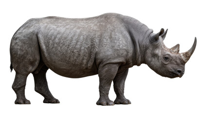 Massive grey rhinoceros with large horn, isolated on transparent background © Charlie