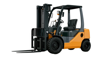 Orange and black industrial forklift truck with forks raised, isolated on transparent background © Charlie