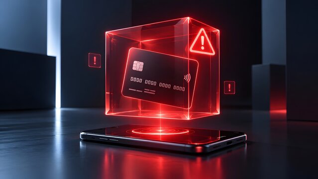 Digital credit card trapped inside a glowing red hologram cube above a smartphone illustrating a frozen account or blocked financial transaction