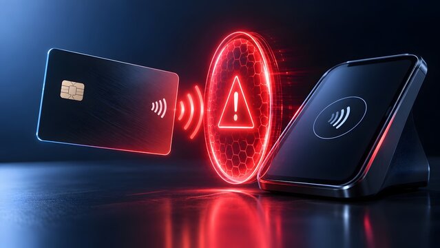 Contactless digital credit card transaction blocked by a glowing red cyber shield with a warning sign representing NFC payment failure