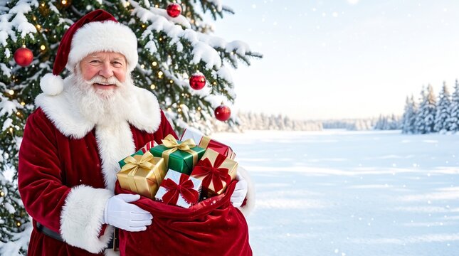 smiling santa claus holding bag of christmas presents near decorated pine tree in snowy landscape