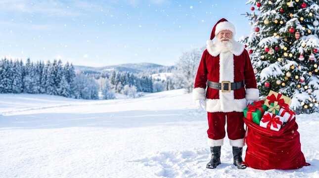 santa claus standing with gifts next to decorated christmas tree in snowy winter landscape during holiday season