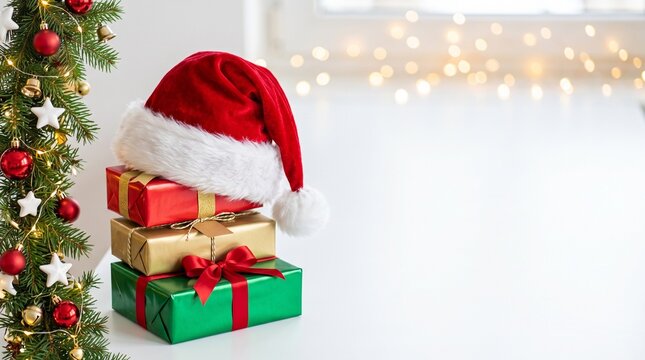 christmas holiday gifts wrapped with red and green paper stacked next to decorated pine branch with santa hat on top
